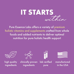 Pure Essence Labs Transitions bottle on shelf suggests ongoing wellness routine.