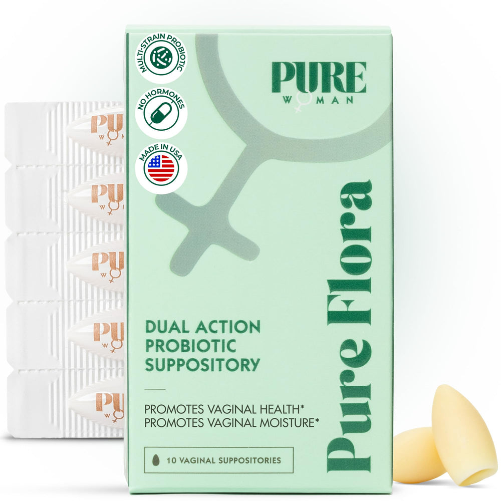PURE WOMAN Pure Flora box front showing probiotic suppositories for balanced vaginal health naturally.