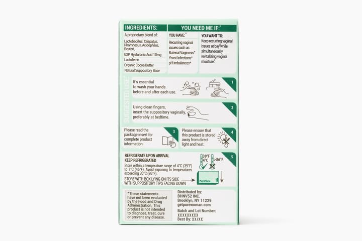 Pure Flora suppositories inside packaging, ready for nightly use.