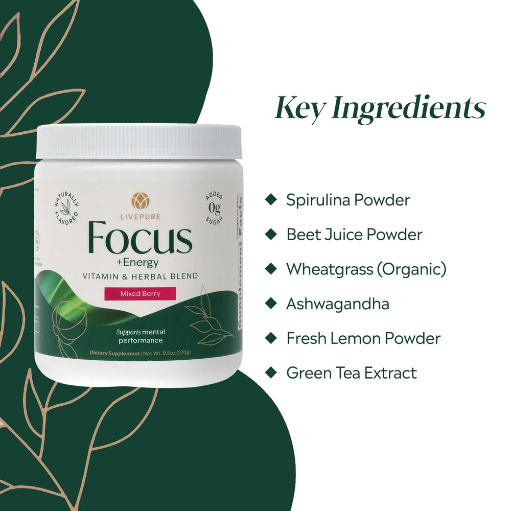Close-up of spirulina, beet powder, and green tea ingredients