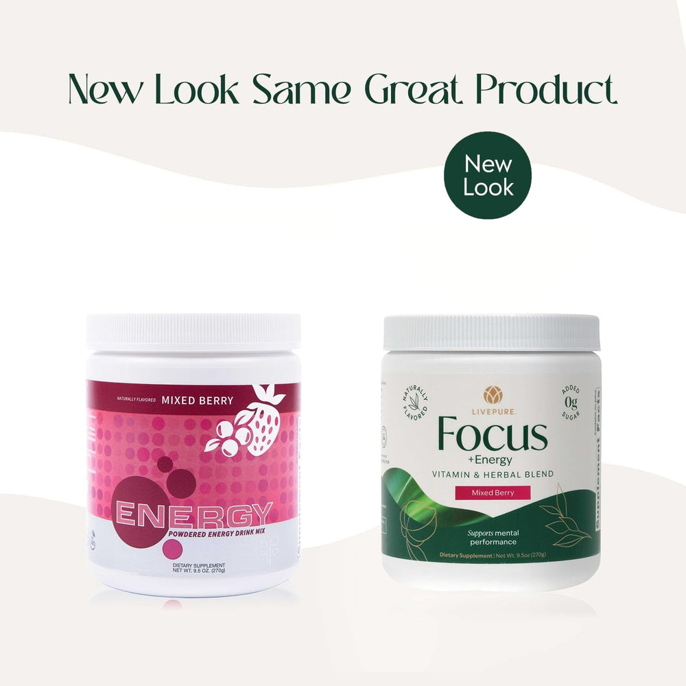 Pouring PURE Focus Energy powder into water for a refreshing berry drink