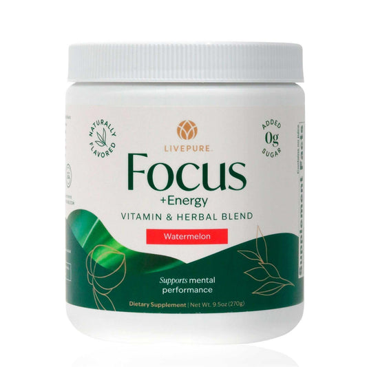 PURE Focus Energy watermelon tub bottle highlights zero sugar and natural caffeine for clean energy