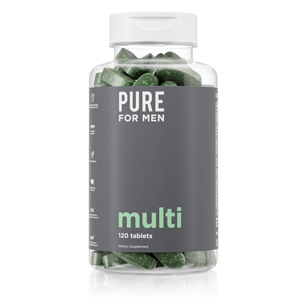 Pure for Men multivitamin bottle front view highlighting energy support