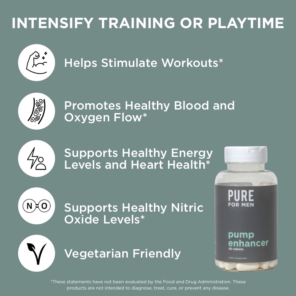 Pure for Men Pump Enhancer highlights black pepper extract to aid absorption during workouts.