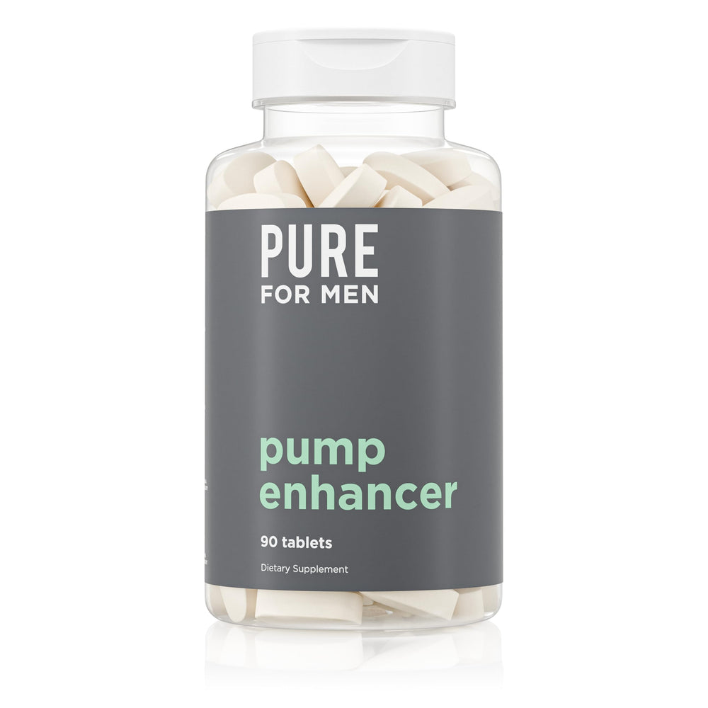 Pure for Men Pump Enhancer bottle front communicates nitric oxide support for workouts.