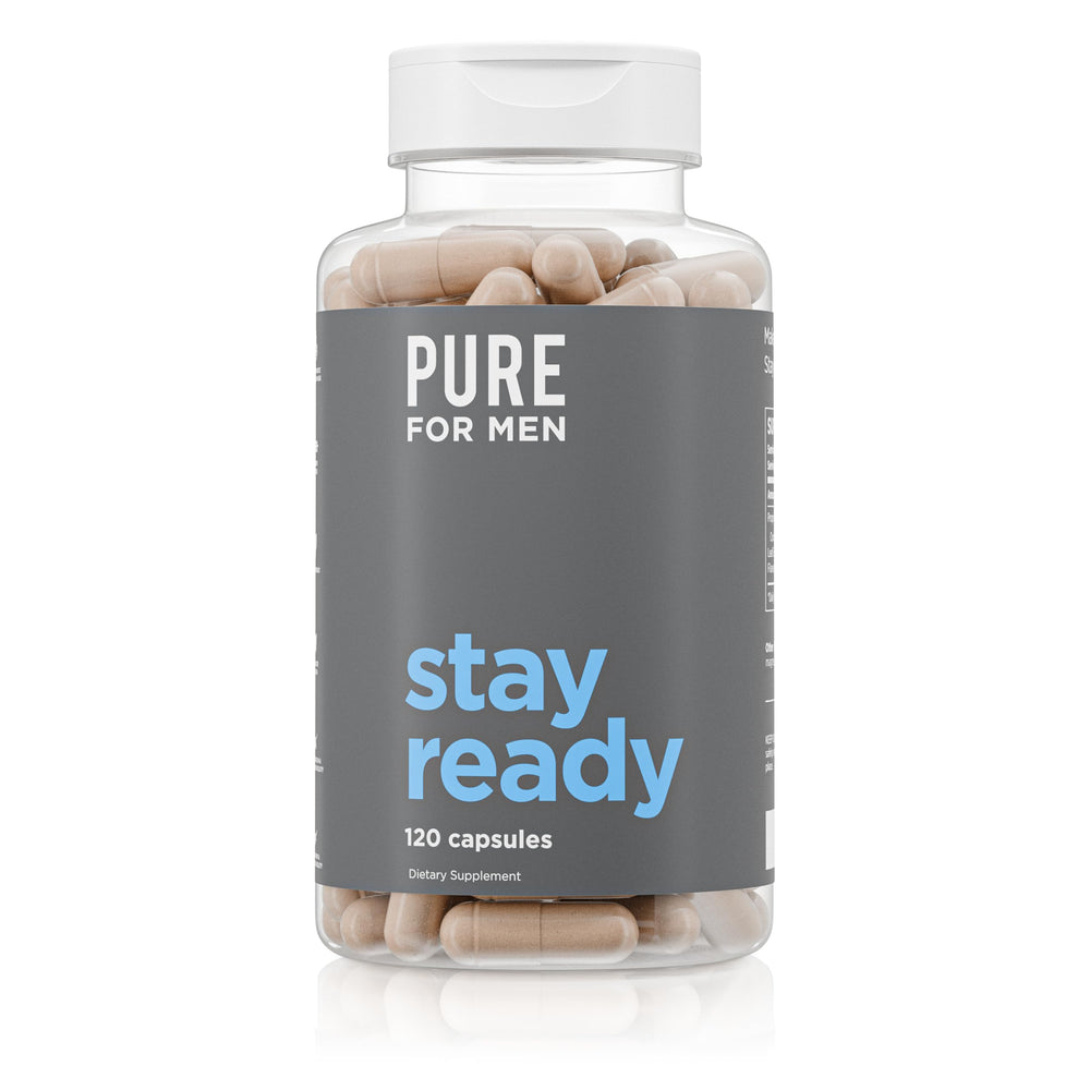 Pure for Men Stay Ready Fiber bottle displaying vegan formula for digestive support