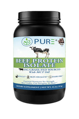 PURE grass-fed beef protein isolate chocolate bottle showing dairy-free protein for muscle recovery.