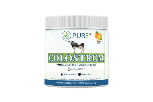 PURE Grass-Fed Colostrum Powder bottle showing 90 servings for daily vitality