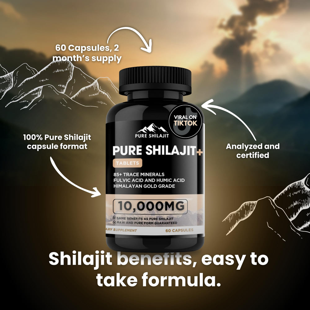 Label detail reveals fulvic minerals in Pure Himalayan Shilajit capsules.