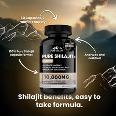 Label detail reveals fulvic minerals in Pure Himalayan Shilajit capsules.