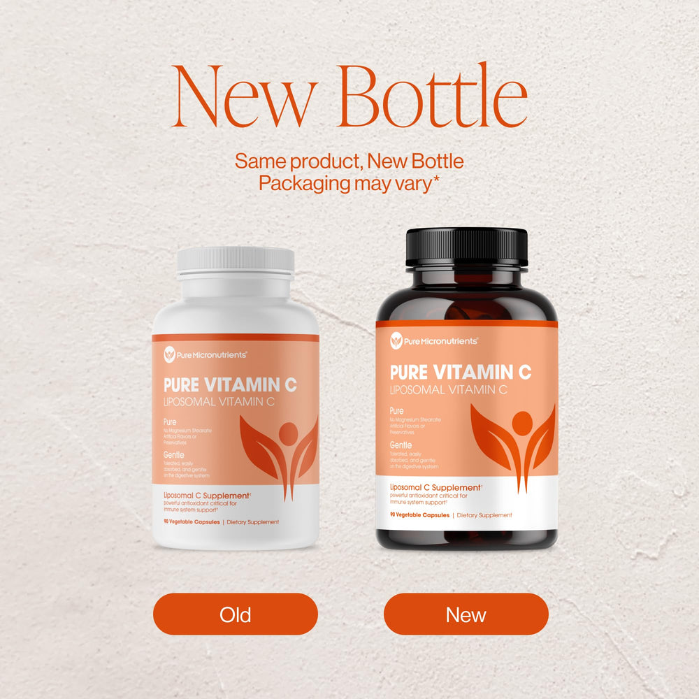 Pure Micronutrients Pure Liposomal Vitamin C bottle on bright desk promotes healthy lifestyle