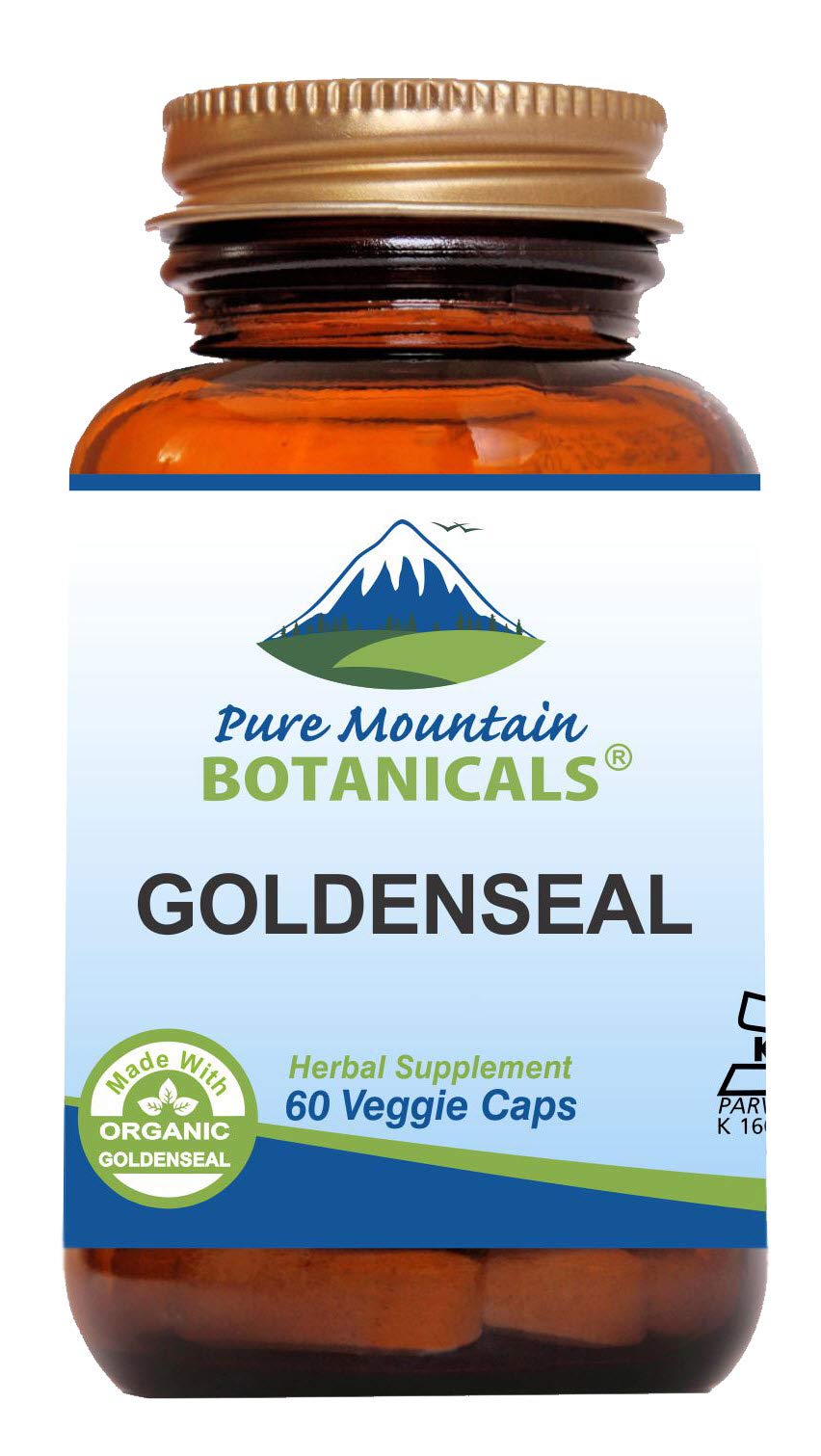 Pure Mountain Botanicals Goldenseal capsules packaging closeup highlighting pure organic root.