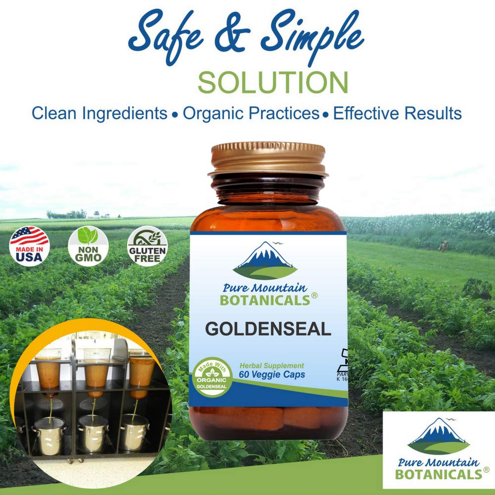 Pure Mountain Botanicals Goldenseal root powder image emphasizes organic origin.