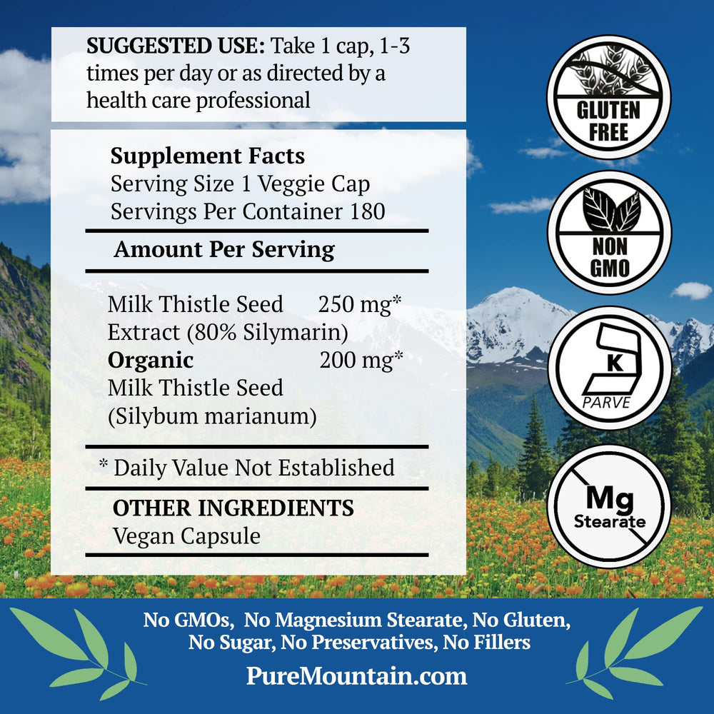 Pure Mountain Botanicals milk thistle capsules, kosher vegan formula.