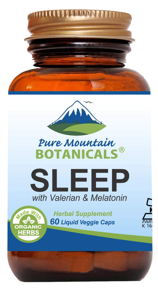 Pure Mountain Botanicals organic valerian chamomile capsules support a calm, natural sleep.