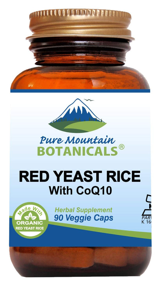 Pure Mountain Botanicals red yeast rice with CoQ10 bottle on countertop for daily use