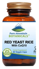 Pure Mountain Botanicals red yeast rice with CoQ10 bottle on countertop for daily use