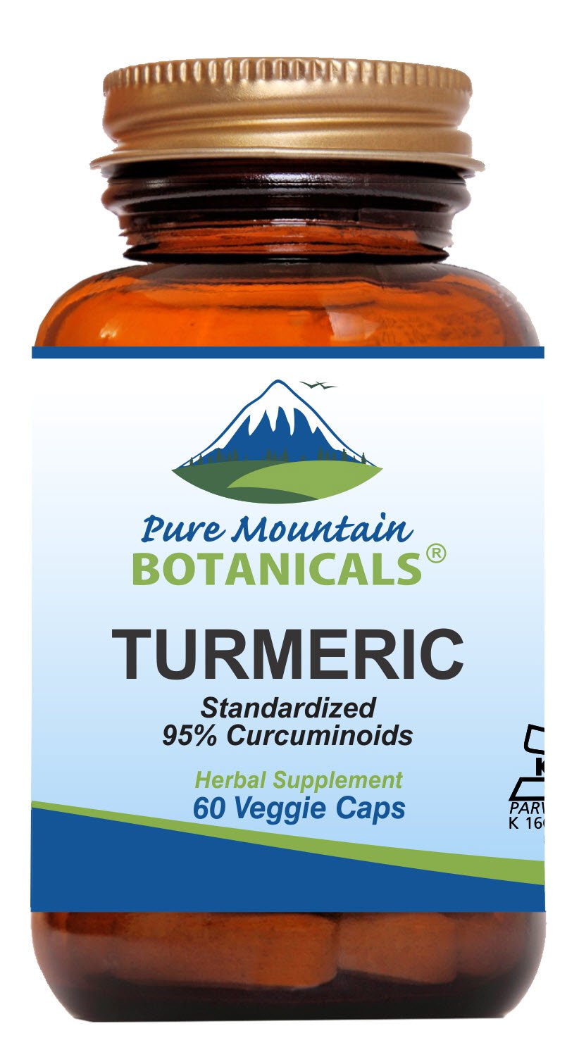 Pure Mountain Botanicals turmeric capsules bottle front for daily wellness.