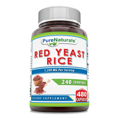 Pure Naturals Red Yeast Rice bottle shows 1200 mg per serving for daily wellness.