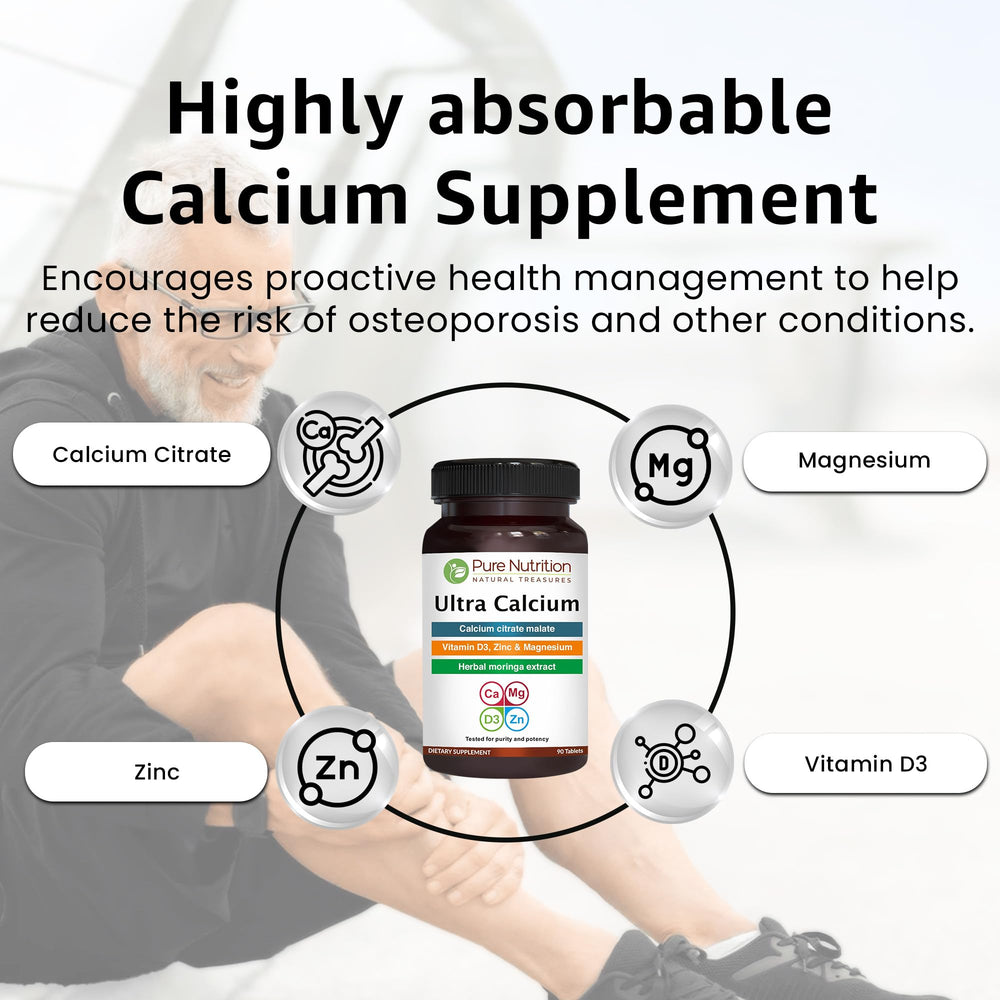 Pure Nutrition calcium citrate malate close-up, highlights soluble calcium form