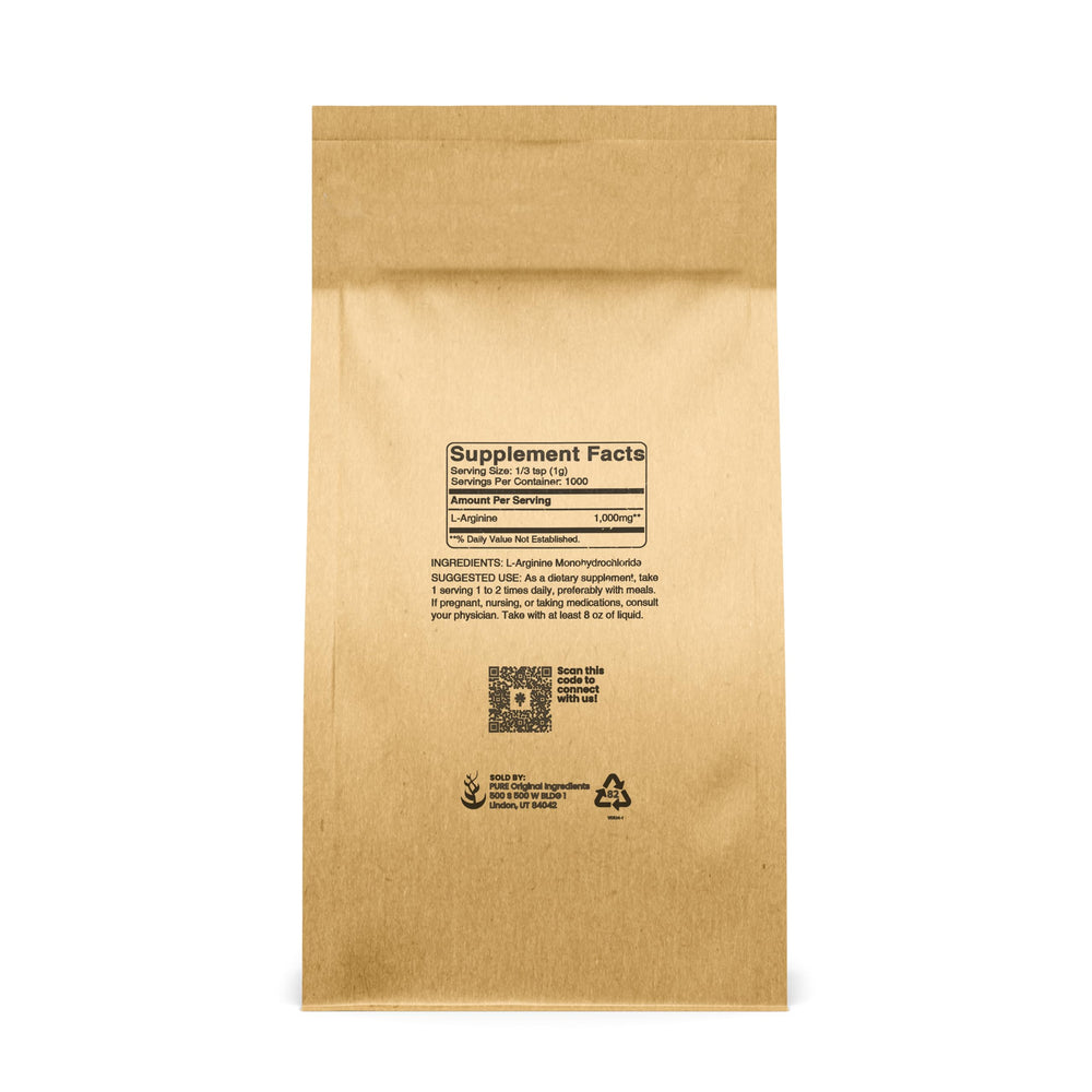 Pure Original Ingredients L-Arginine label closeup, single-ingredient purity with no fillers