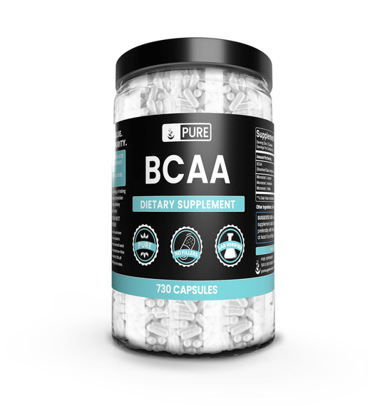 Pure Original Ingredients BCAA capsules in a clear bottle for clean amino acid support.