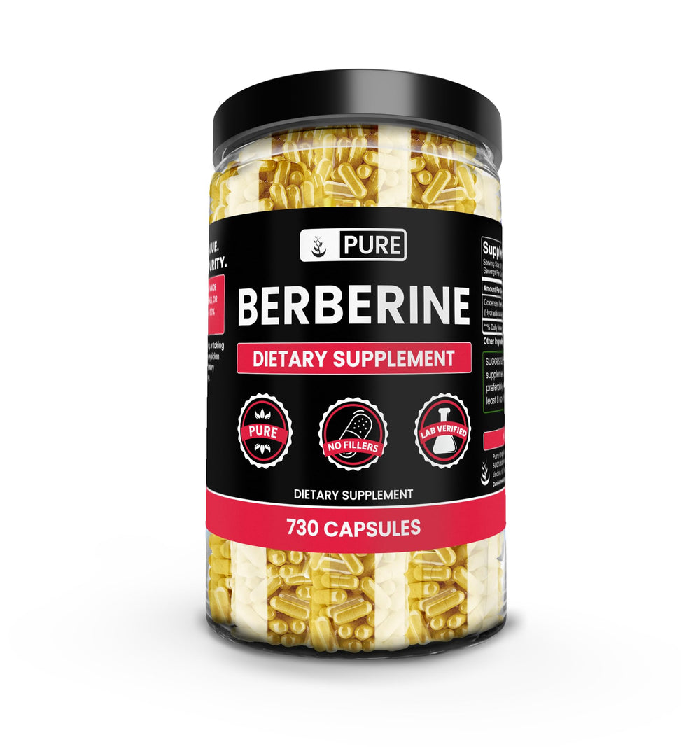 PURE ORIGINAL INGREDIENTS Berberine capsules bottle front shows a pure single-ingredient formula
