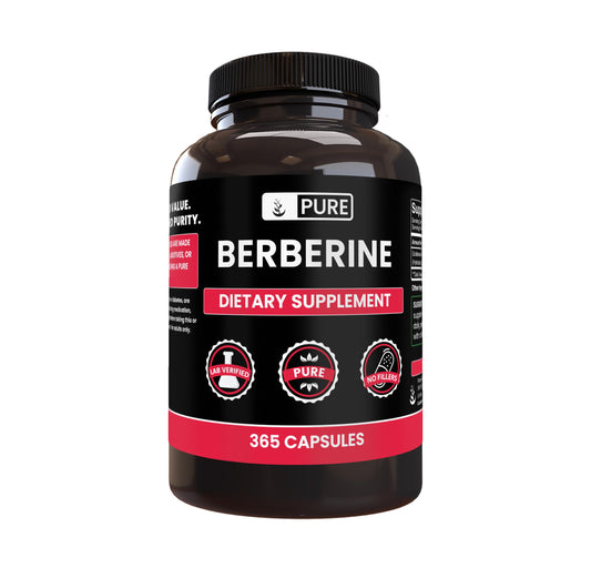 PURE ORIGINAL INGREDIENTS Berberine capsules bottle view for convenient daily use.