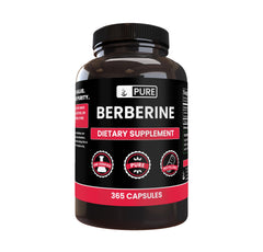 PURE ORIGINAL INGREDIENTS Berberine capsules bottle view for convenient daily use.