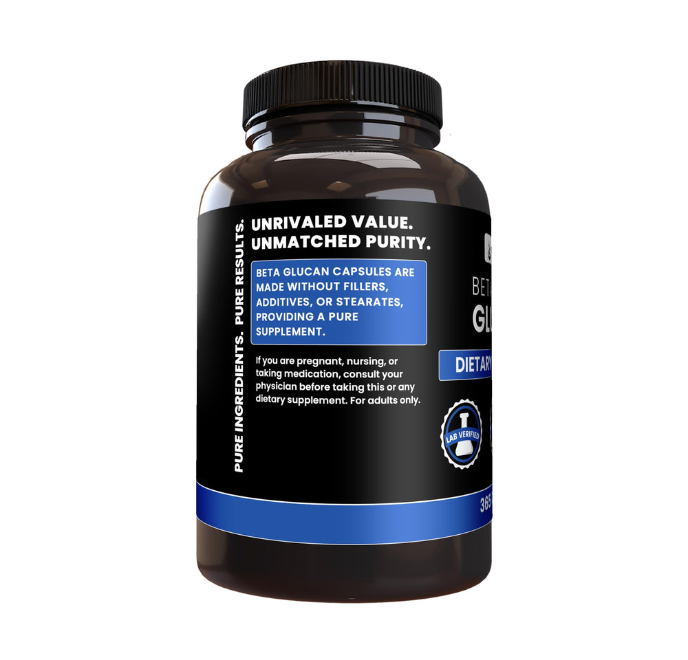 Pure Original Ingredients Beta Glucan bottle open revealing capsules.