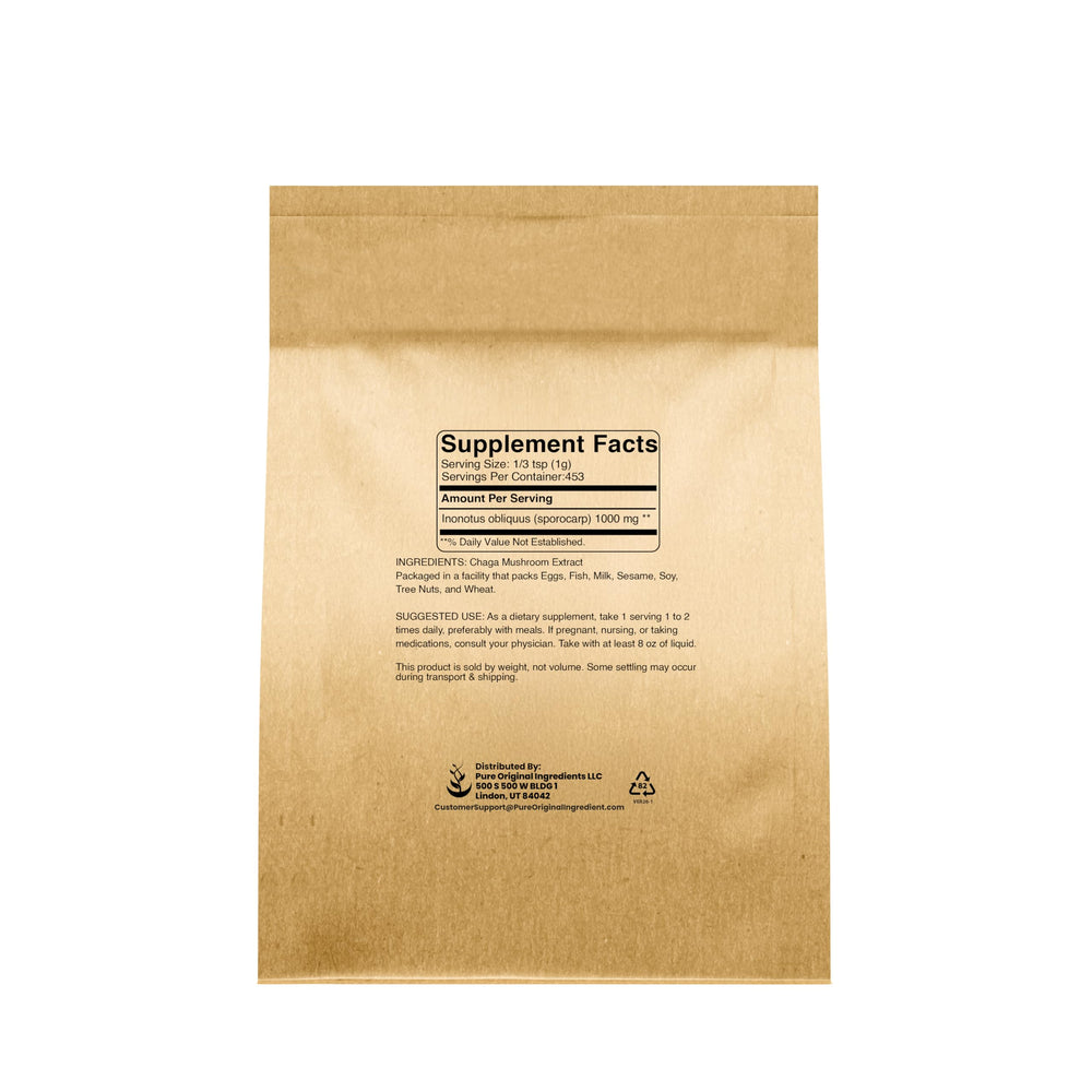PURE ORIGINAL INGREDIENTS Chaga extract powder 1lb container – convenient jar for seasonal use.