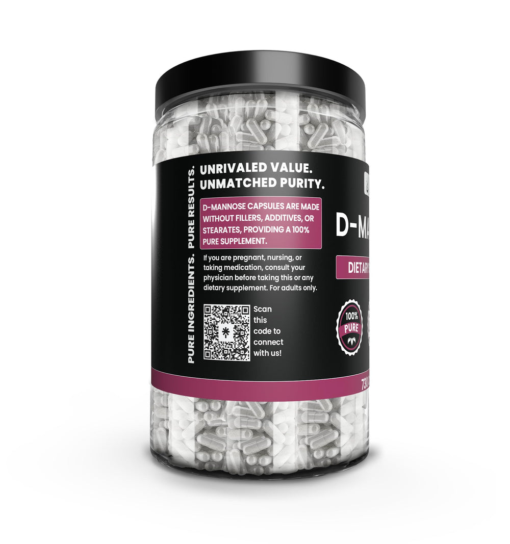 Pure Original Ingredients D-Mannose bottle being poured to reveal capsules for daily dosing.