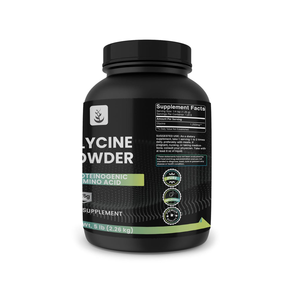 Glycine powder bag front showcasing USA packaging and batch details.