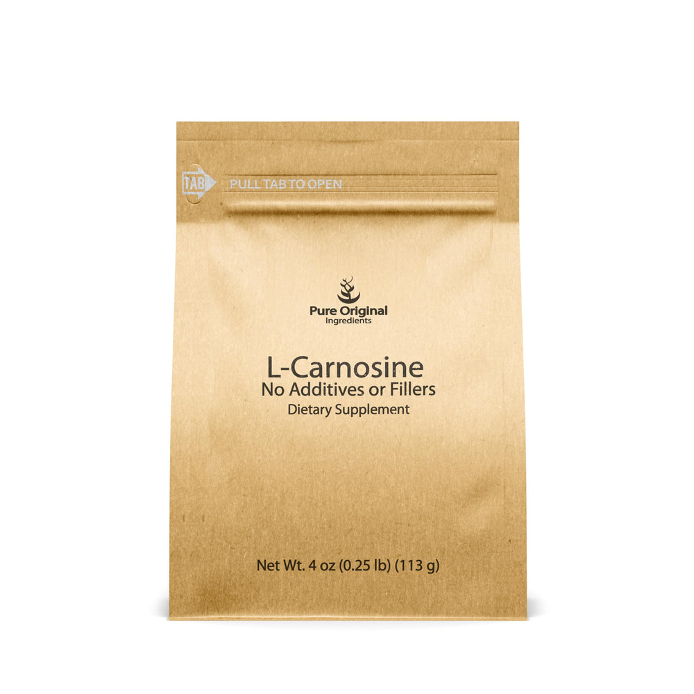 Pure Original Ingredients L-Carnosine powder bottle pour shows pure, undiluted supplement for daily use