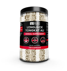 Pure Original Ingredients Longjack bottle close-up shows pure capsules for daily vitality.