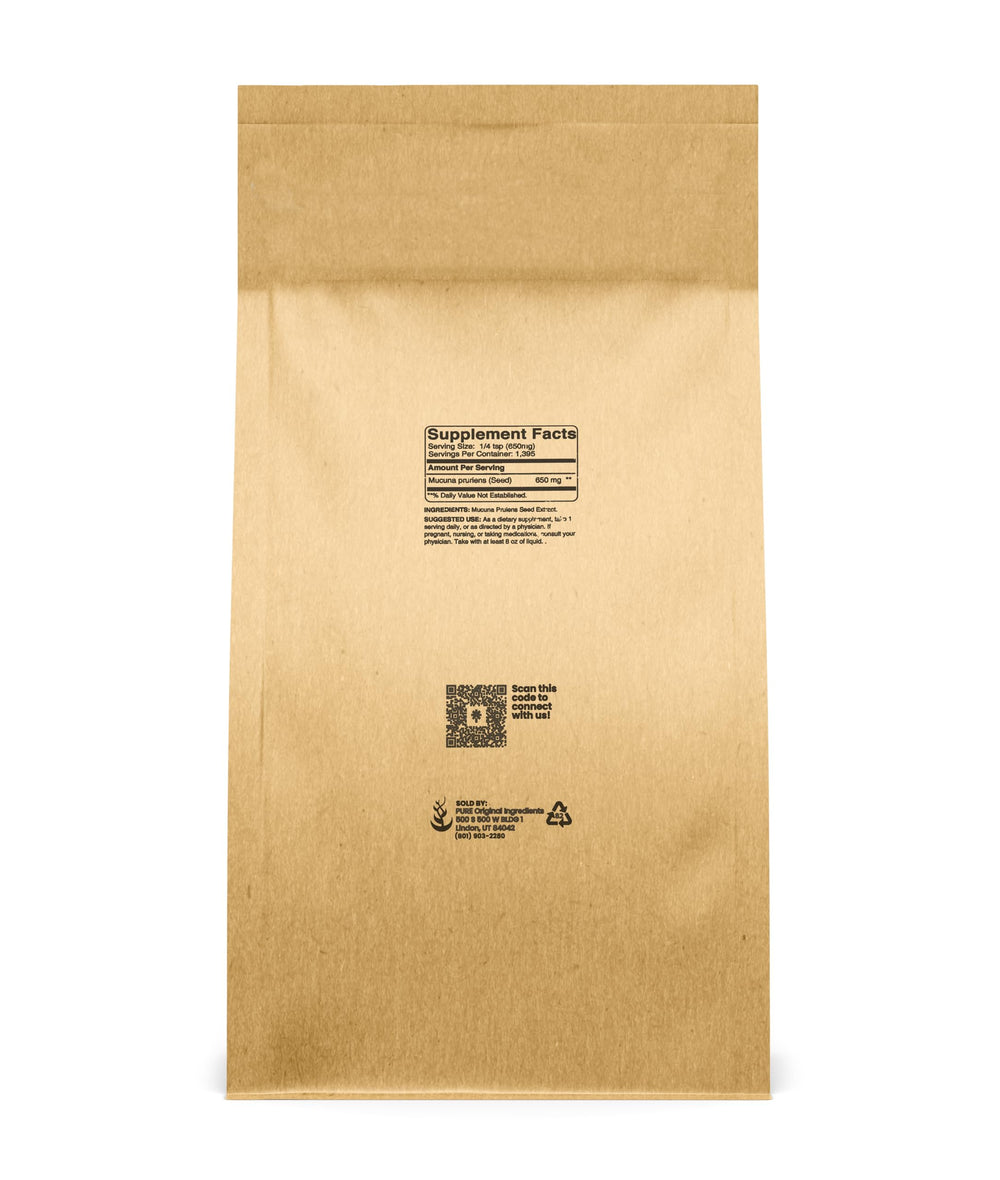 PURE ORIGINAL INGREDIENTS Mucuna Pruriens powder with scoop for precise daily dosing.