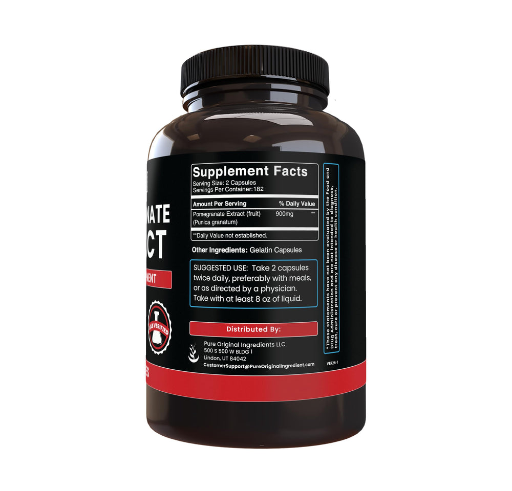 PURE ORIGINAL INGREDIENTS pomegranate extract capsules close-up highlighting a simple daily supplement.