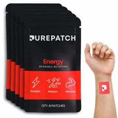 Pure Patch Energy Patch pack close-up showing compact design for easy morning use.
