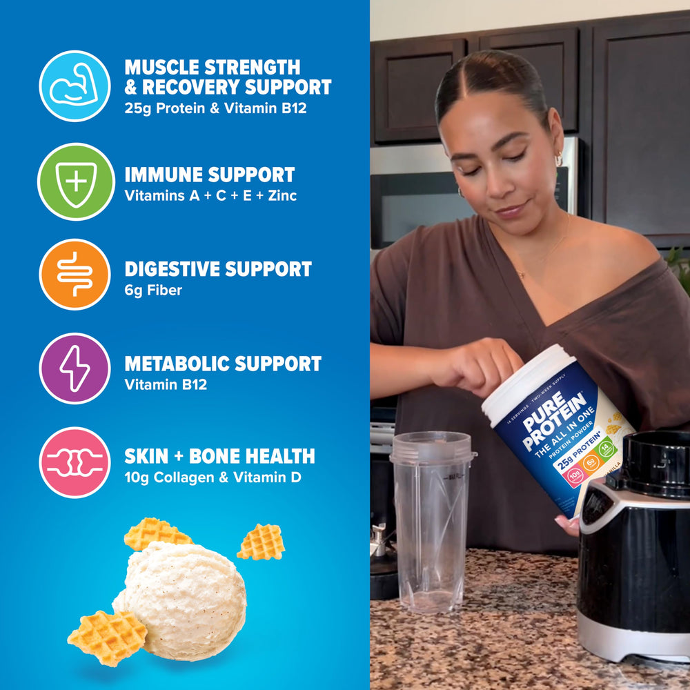 Pure Protein All-In-One packaging box showing nutrition information