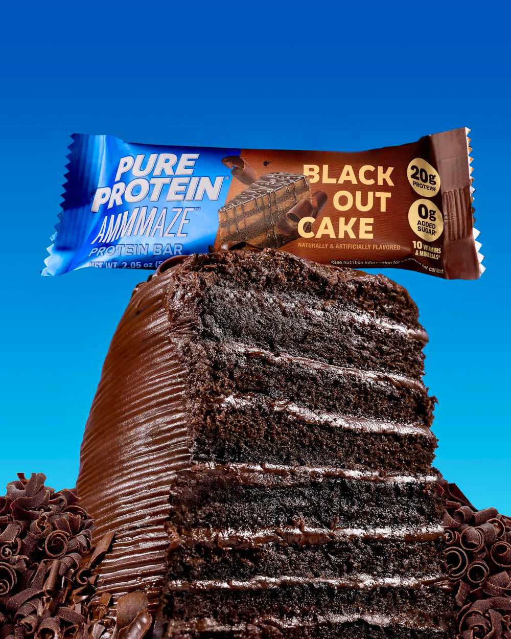 AMMMAZE Blackout Cake bar nutrition panel highlights 20g protein.