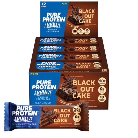 Pure Protein AMMMAZE Blackout Cake bar wrapped for on-the-go snacking.