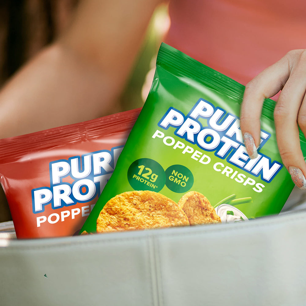 Pure Protein Popped Crisps packaging highlights gluten-free and non-GMO attributes.