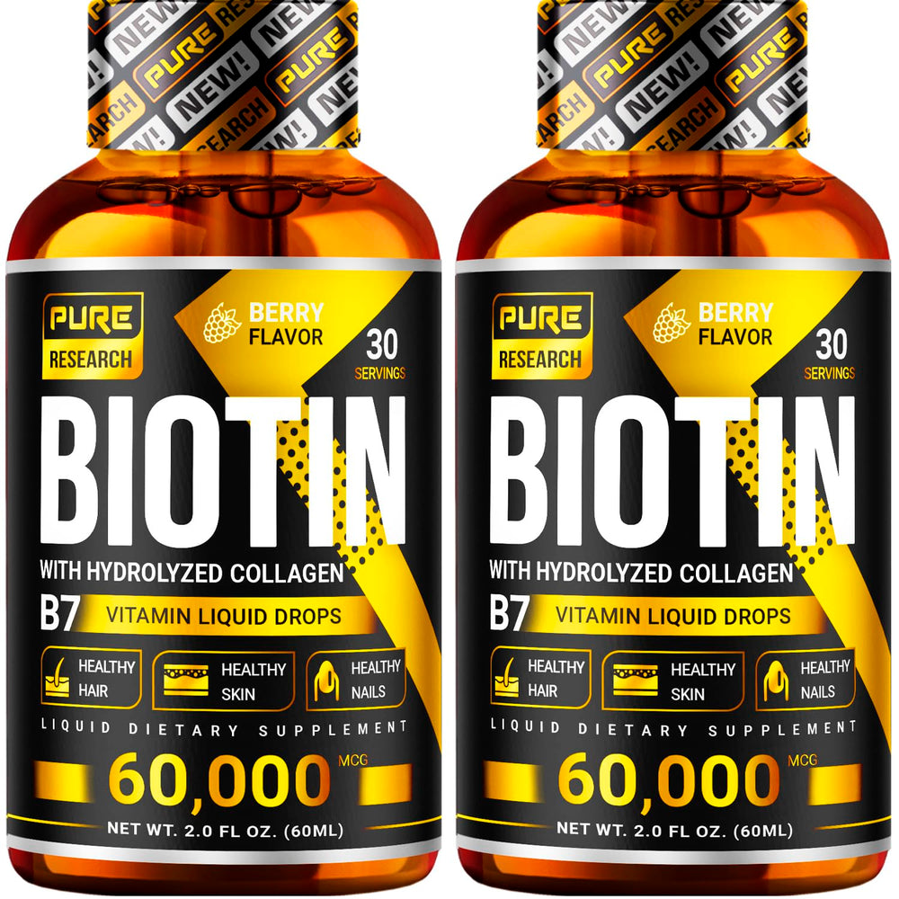 Pure Research Biotin Collagen bottle pour showing convenient daily dose for hair and nails