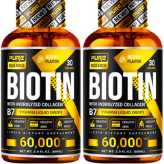 Pure Research Biotin Collagen bottle pour showing convenient daily dose for hair and nails