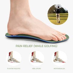 Pure Stride Golf Orthotics metatarsal support enhances stability during putts.