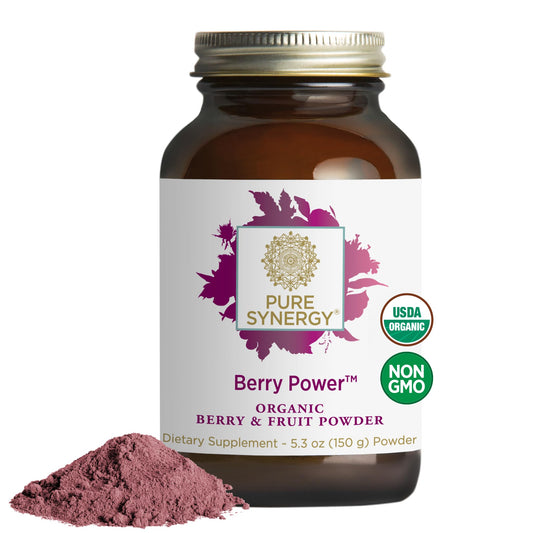 Pure Synergy Berry Power bottle front with organic berry blend for daily antioxidant support