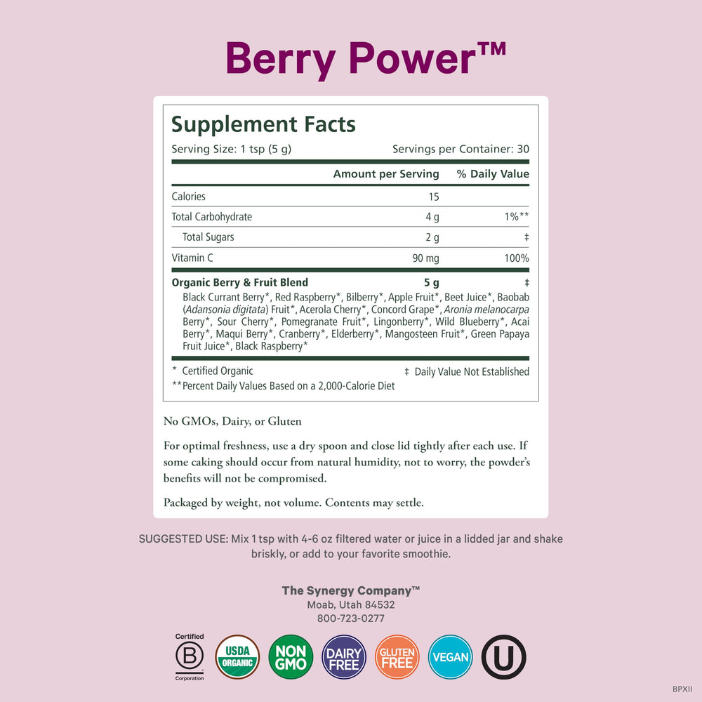 Pure Synergy Berry Power bottle pour into glass for easy smoothie or water mix