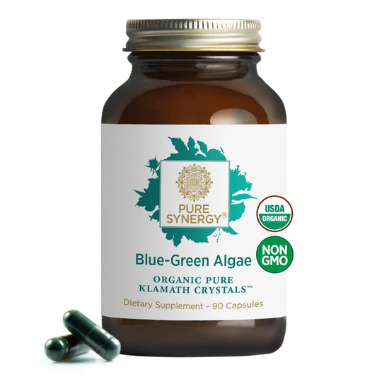Pure Synergy Blue-Green Algae capsules bottle for daily energy support.