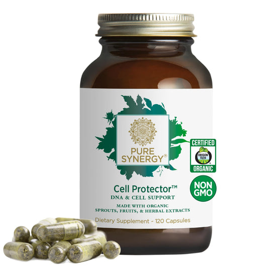 PURE SYNERGY Cell Protector bottle label highlights organic ingredients for daily use.