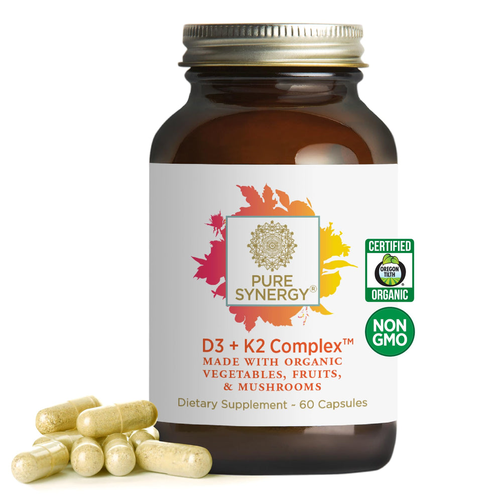 Pure Synergy D3 K2 bottle front highlighting vegan vitamin blend for bone and immune support